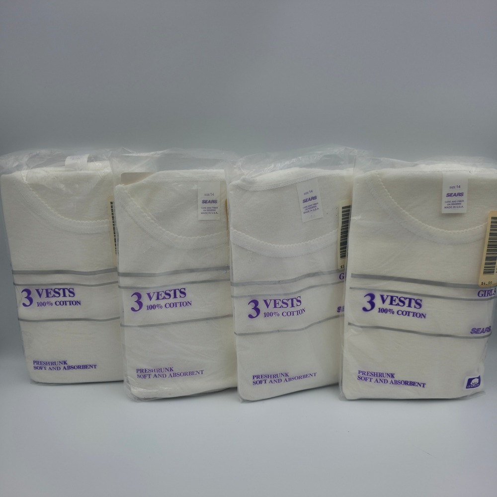 Vintage Sears Girls 12 Pack Cotton Undershirt Vests Size 14 White Picot Trim USA